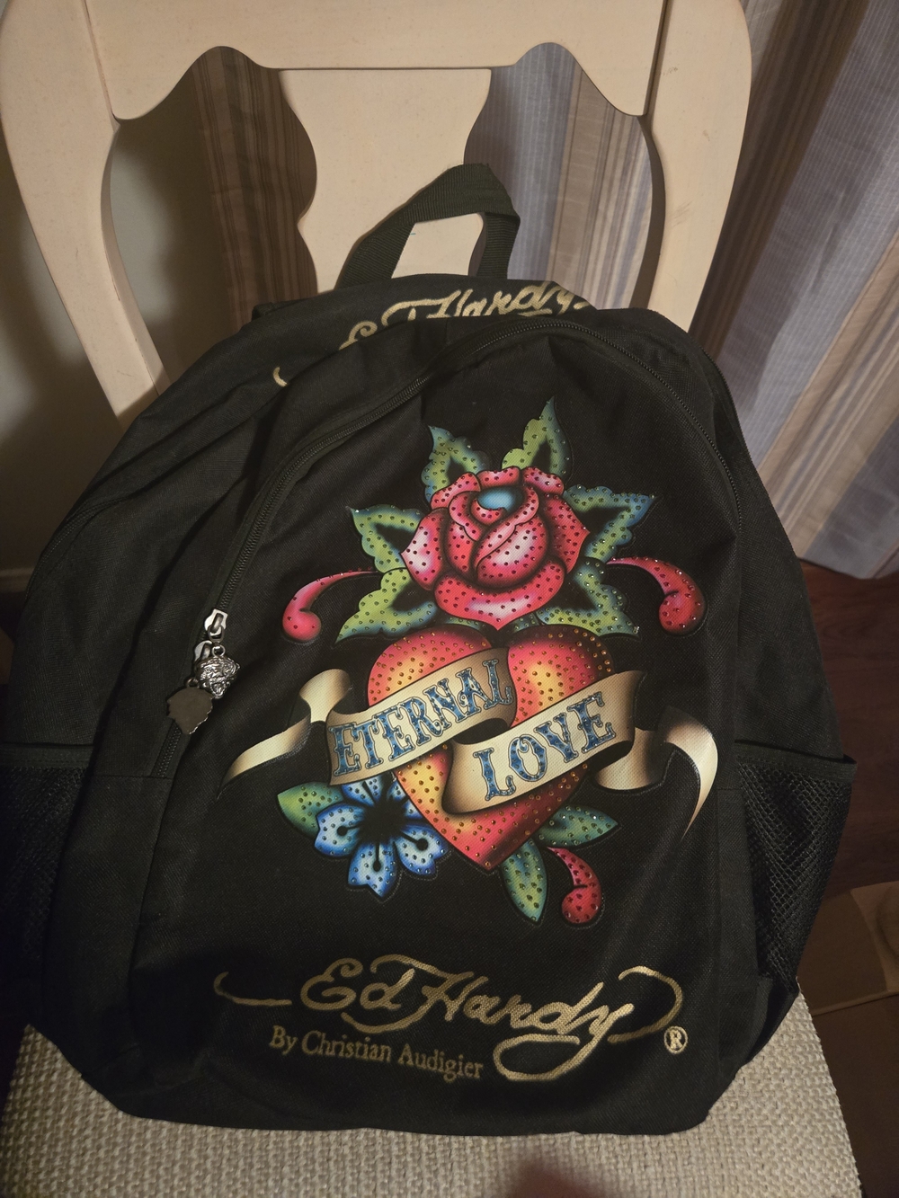 Christian Audigier Ed Hardy Black Backpack with Multicolor Tattoo Heart and Rose
